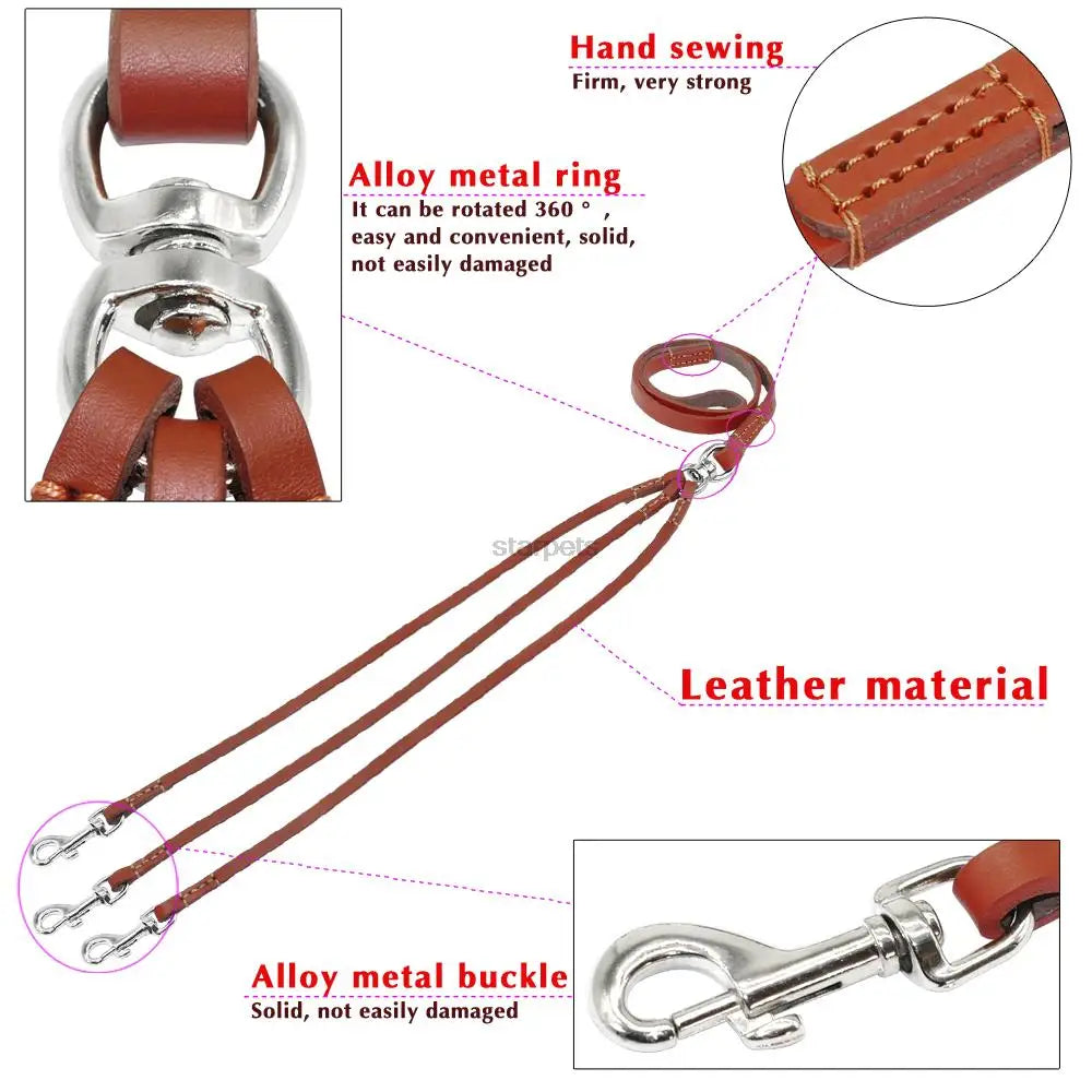 Three Way Puppy Dog Leash Coupler – Leather Triple Dog Lead