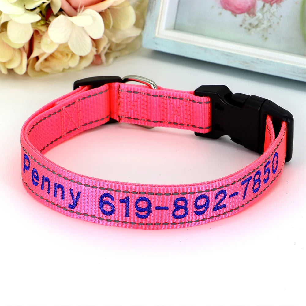 Reflective Personalized Nylon Dog Collar – Custom Embroidered ID Name & Phone – Reflective Adjustable Collar for Small, Medium & Large Dogs