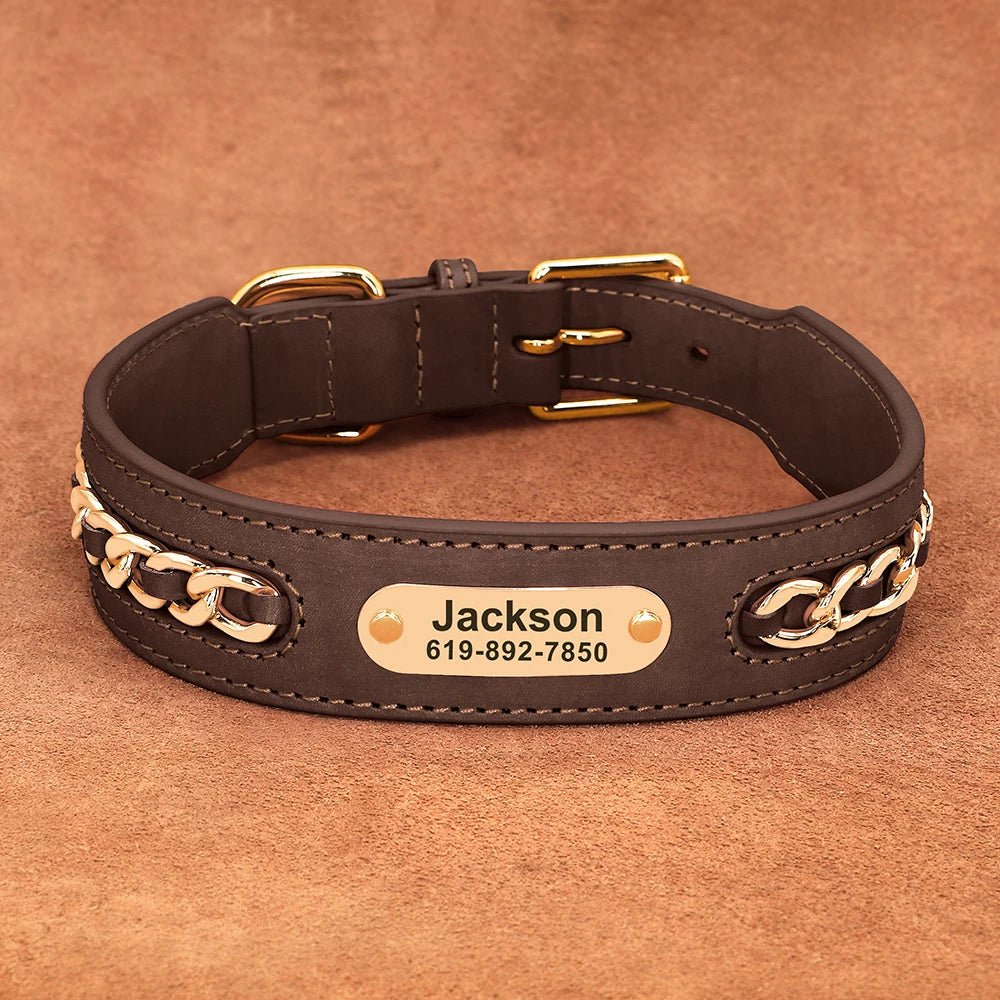 Personalized Leather Dog Collar – Custom Engraved Nameplate ID Tag for Small, Medium & Large Dogs
