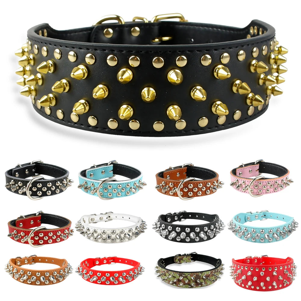 Spiked Studded Leather Dog Collar – Adjustable Anti-Bite Bulldog Collar for Small, Medium & Large Dogs