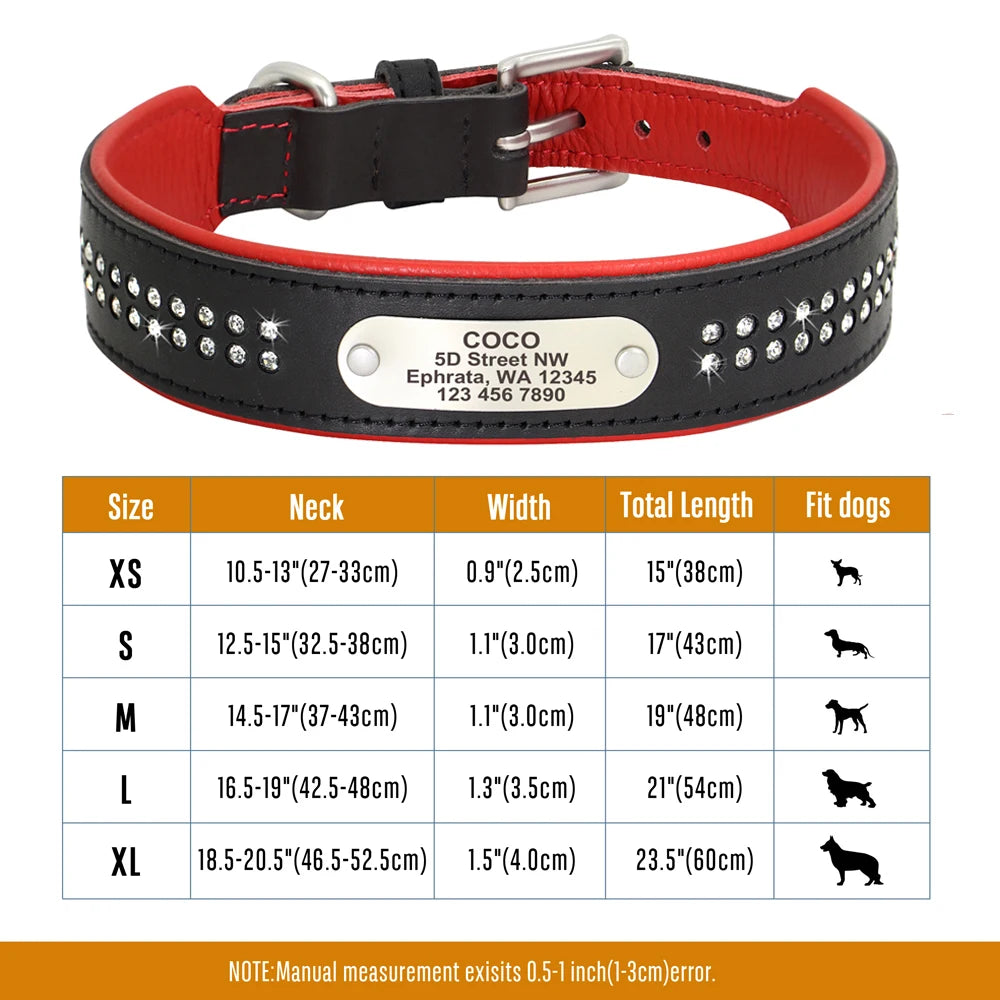 Personalized Dog Collar with Rhinestones – Custom Engraved Leather Pet ID Collar | Adjustable for Small, Medium & Large Dogs
