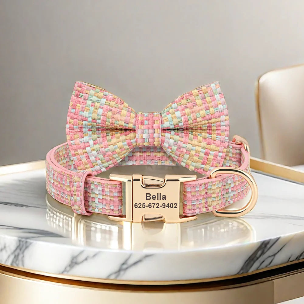 Custom Plaid Leather Dog Collar with Bow – Personalized Nameplate | Free Engraving | Small to Large Dogs