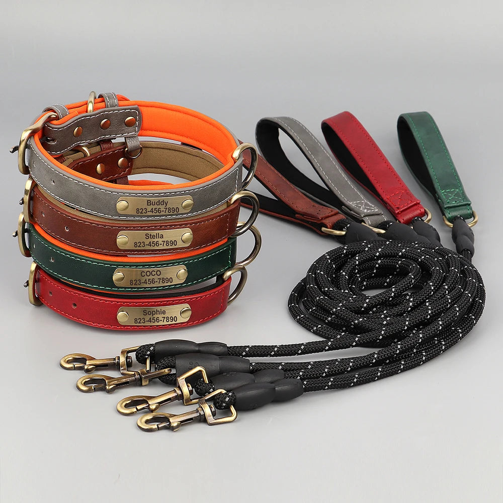 ✨ Personalized Dog Collar & Leash Set – Custom Engraved PU Leather for Small to Large Dogs (Pitbull-Friendly!)