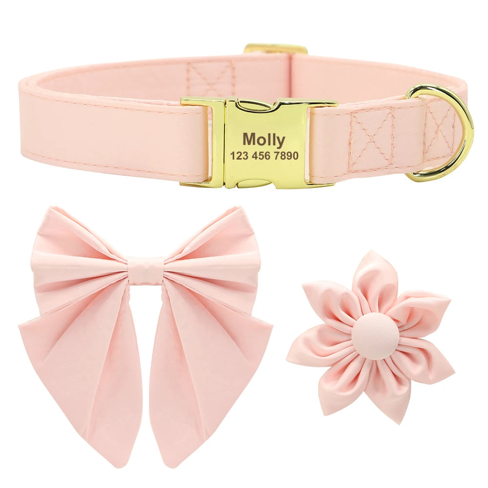 Personalized Silk Dog Collar with Bowtie & Flower – Custom Engraved ID Tag | Adjustable Wedding Collar for Small, Medium & Large Dogs