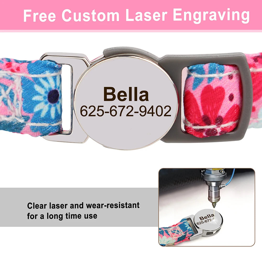Personalized Cat/Puppy Collar with Engraved Nameplate & Bell – Adjustable Floral Design (Blue, Green, Pink, Red, Rose)