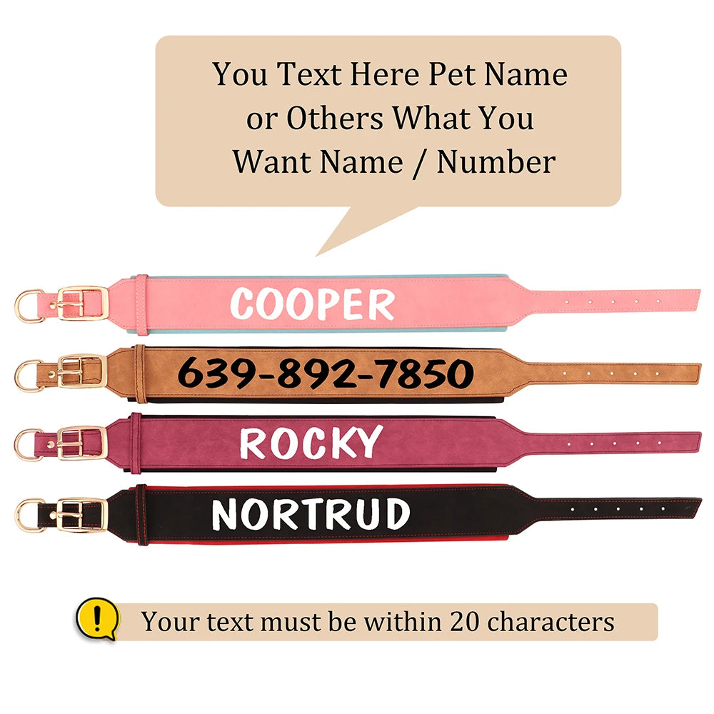 Custom Print Dog Collar – Wide Soft Padded PU Leather Name Collar for Medium & Large Dogs (Free Personalized Print)