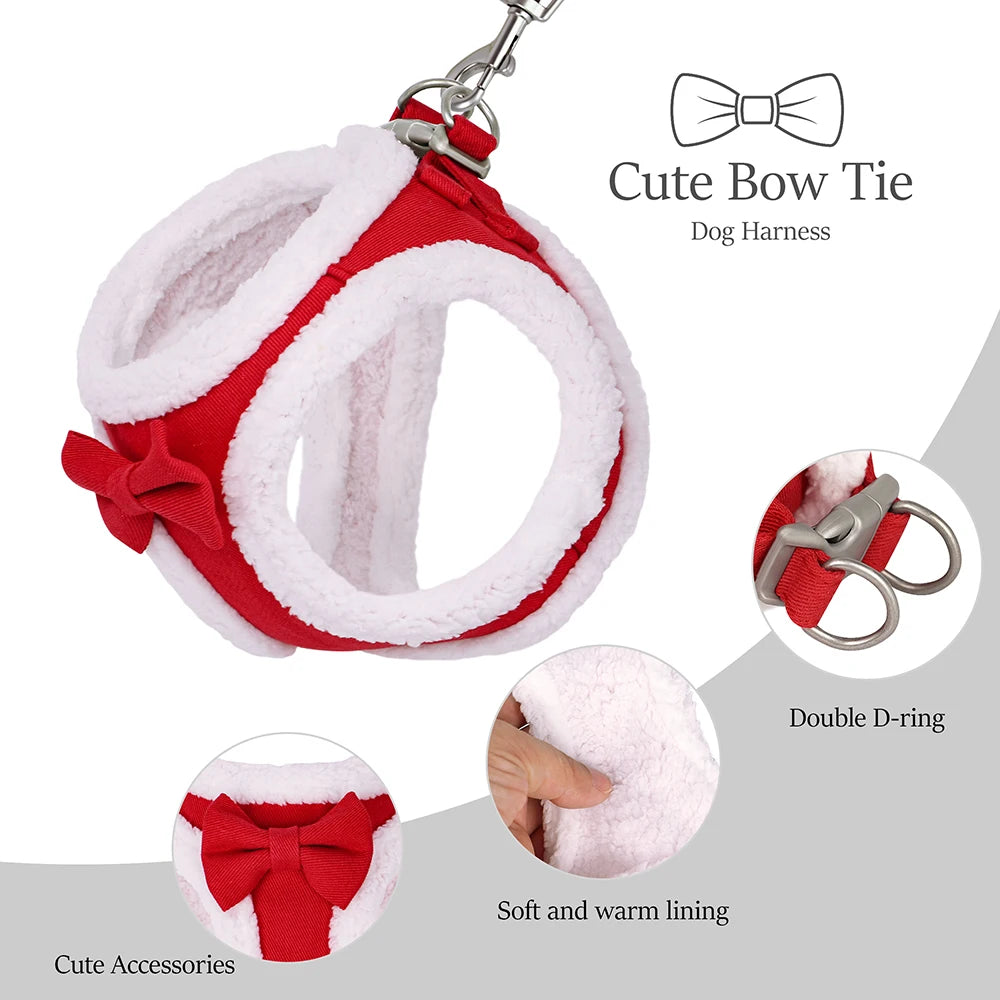 Winter Warm Dog Harness Leash Set – Soft Fleece Pet Vest with Bowtie for Small & Medium Dogs