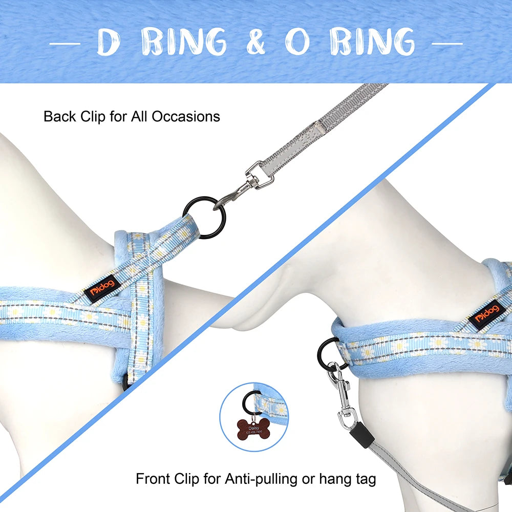 No Pull Reflective Dog Harness Winter Pet Dogs Vest Harness Warm Fur Padded Strap Harness for Medium Large Dogs Flower Print