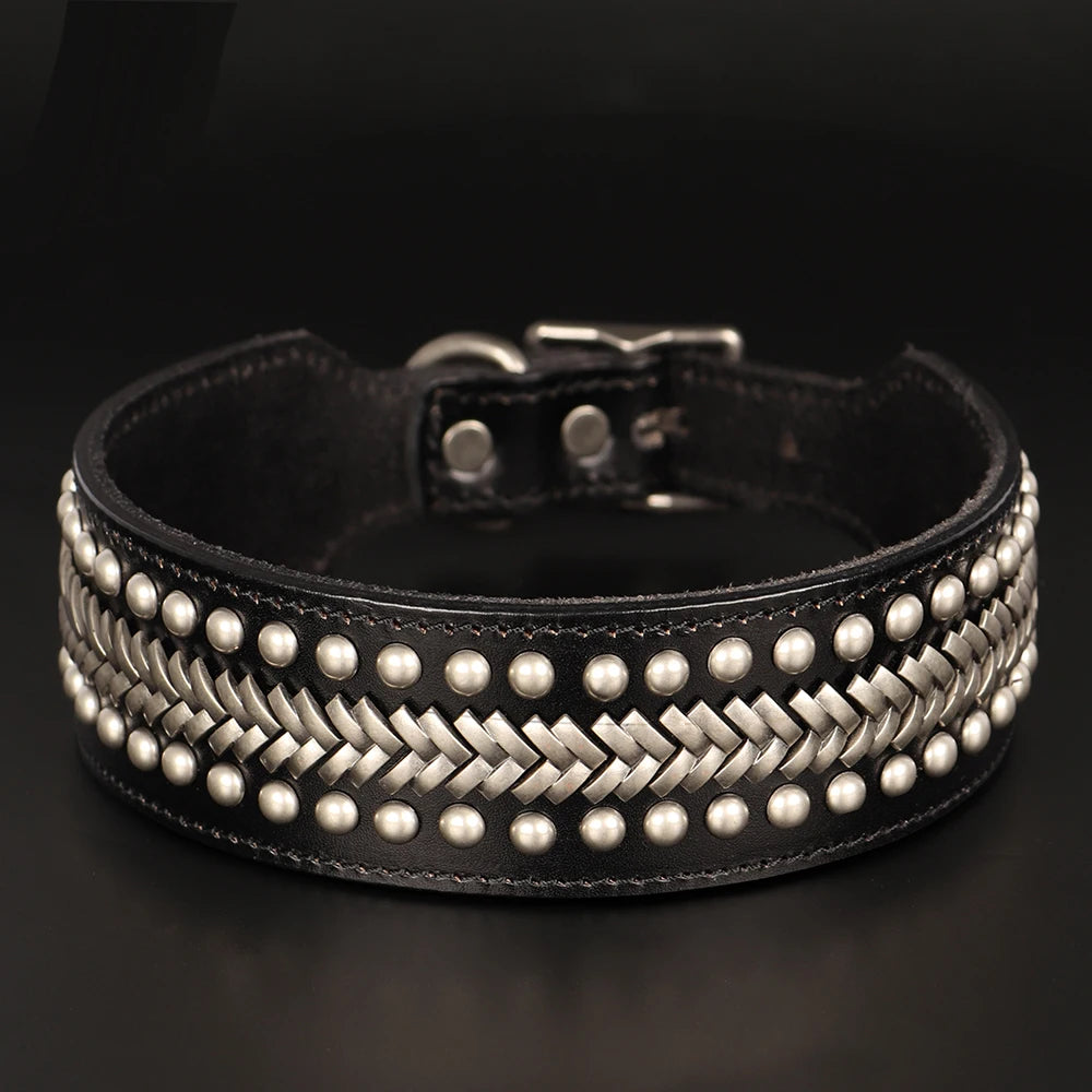 2-Inch Wide Luxury Leather Dog Collar with Durable Rivets – Stylish & Strong for Medium & Large Dogs