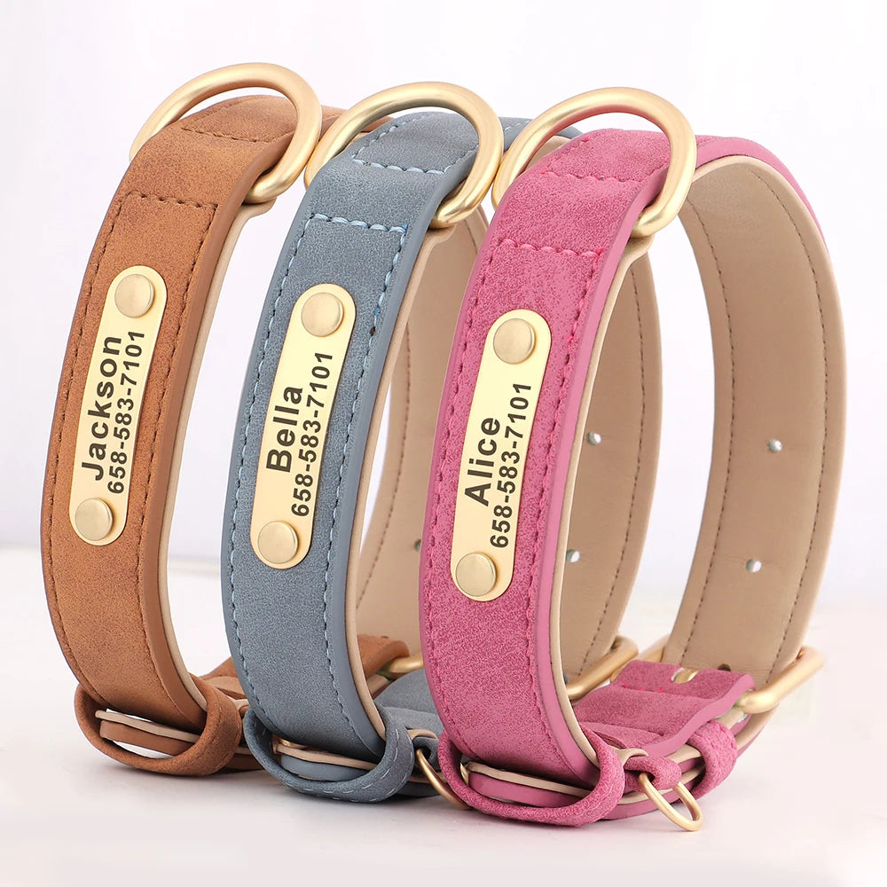 🐾 Personalized PU Leather Dog Collar – Custom Engraved Nameplate ID Tag 🐶
