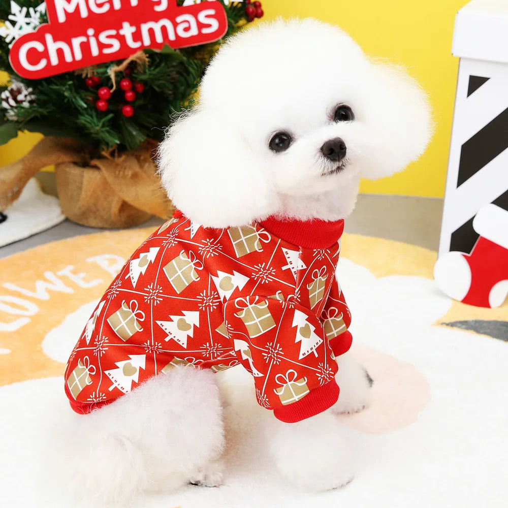 Christmas Dog T-Shirt – Holiday Outfit with Christmas Tree Pattern