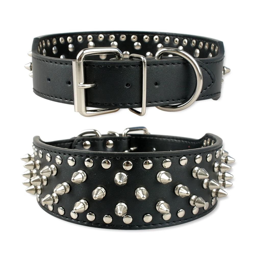 Spiked Studded Leather Dog Collar – Adjustable Anti-Bite Bulldog Collar for Small, Medium & Large Dogs