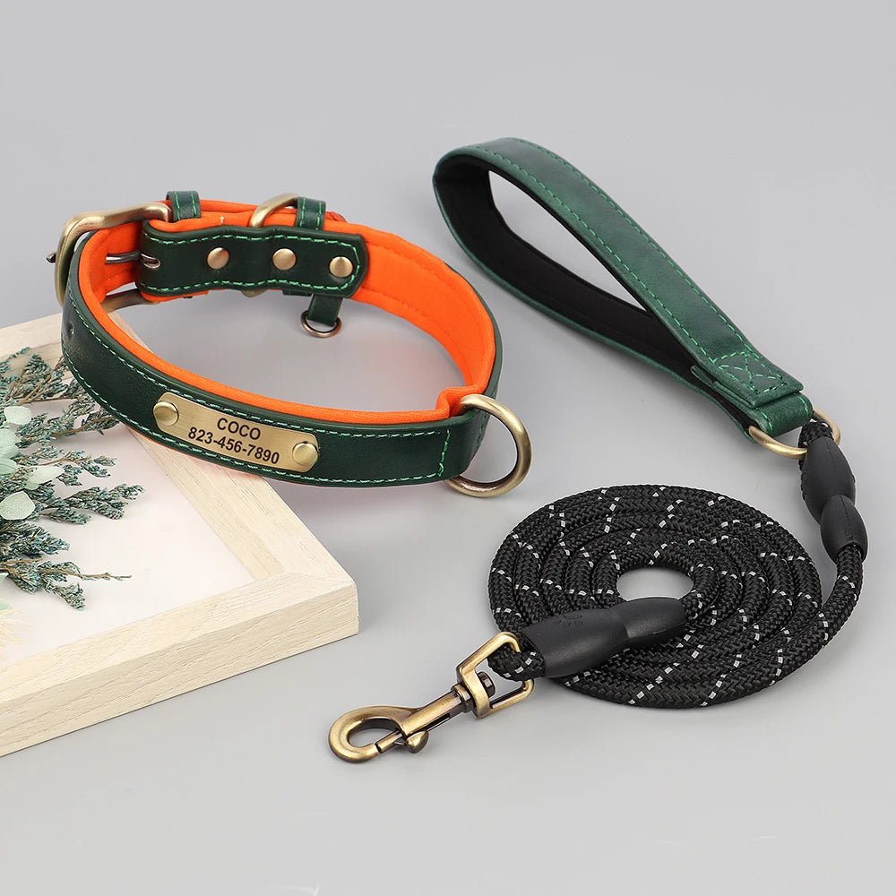 ✨ Personalized Dog Collar & Leash Set – Custom Engraved PU Leather for Small to Large Dogs (Pitbull-Friendly!)