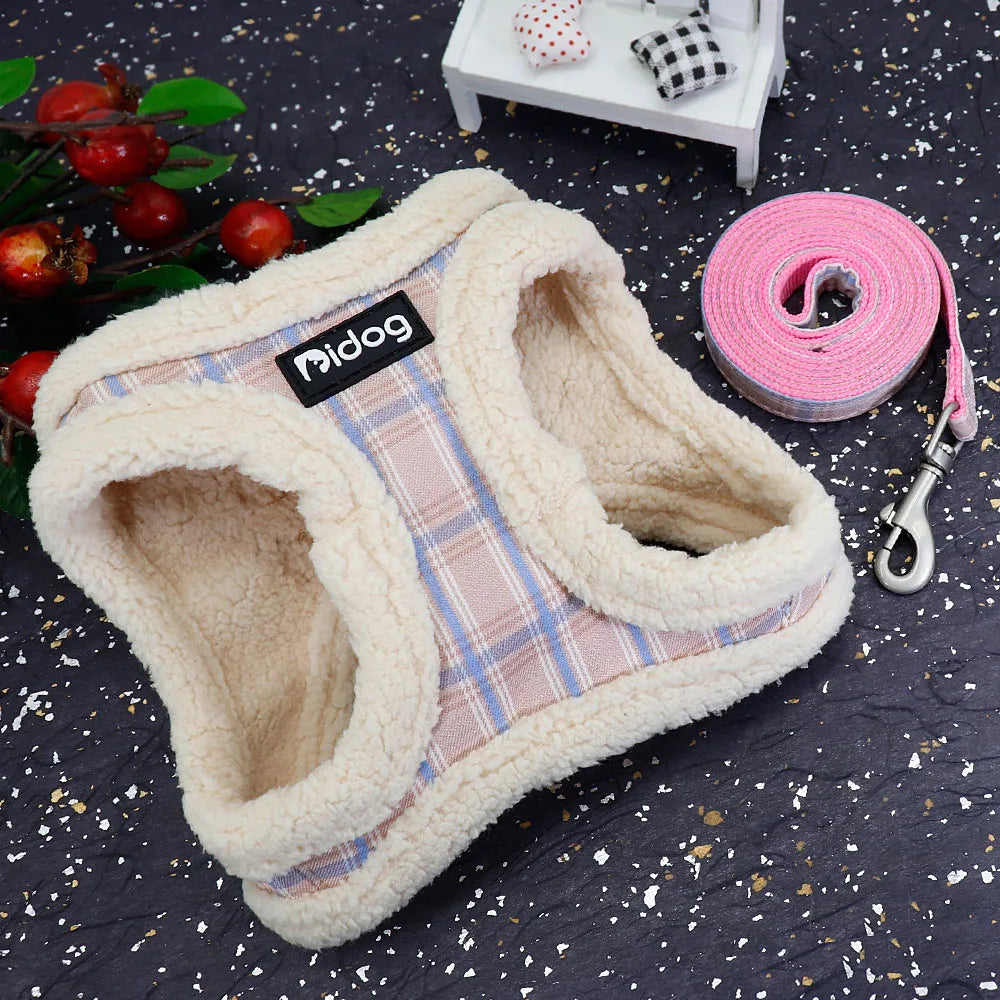 Warm Winter Dog Harness & Leash Set – Soft Fur Padded Vest Harness with Lead for Small & Medium Dogs
