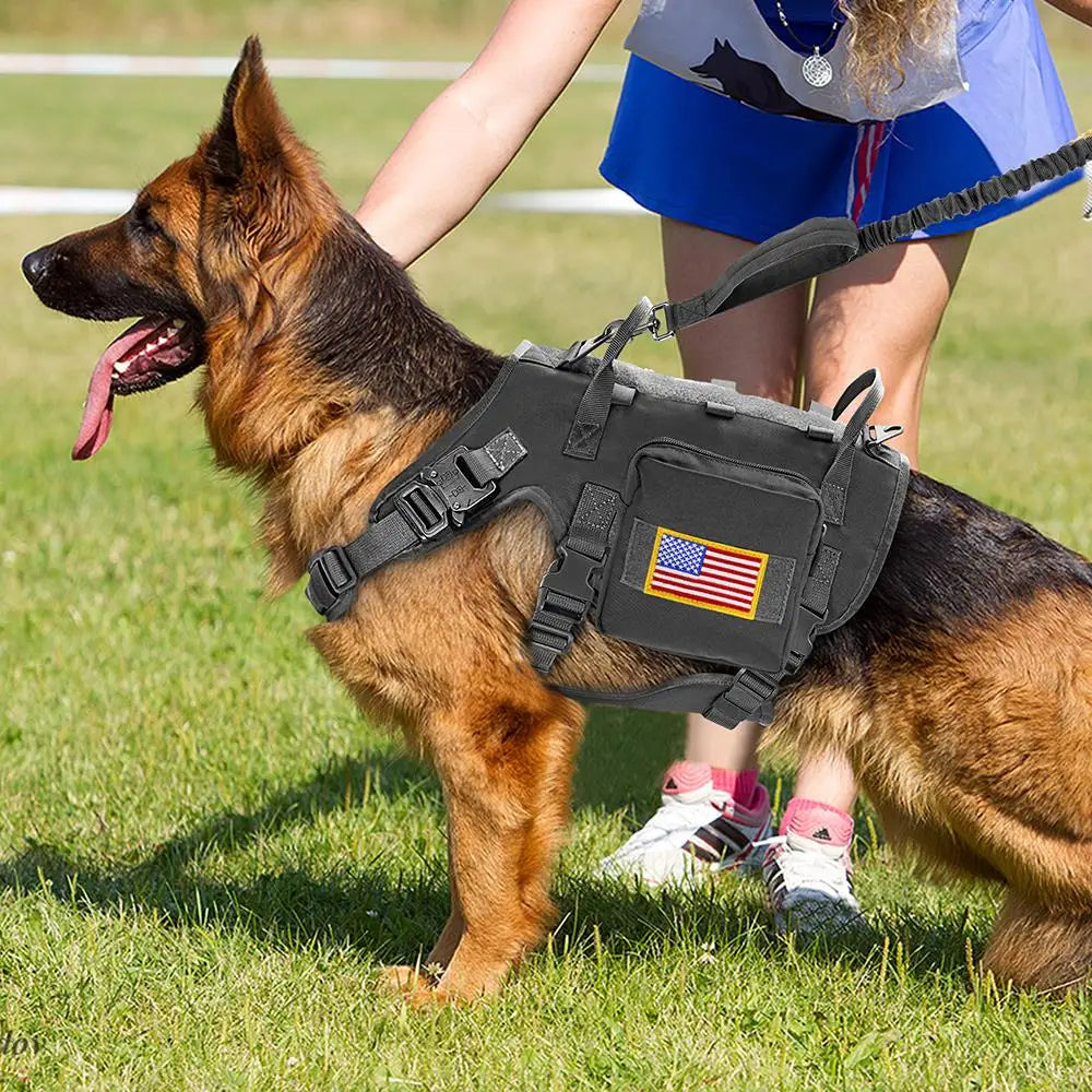 Tactical Military Dog Harness, Collar & Leash Set – Durable MOLLE Training Vest with Pouches & Flag for Large Dogs