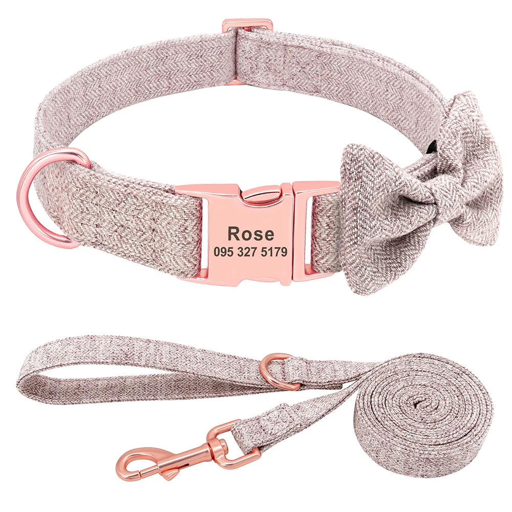 Customized Dog Collar & Leash Set – Personalized Pet Collars with Bowtie & Free Engraving