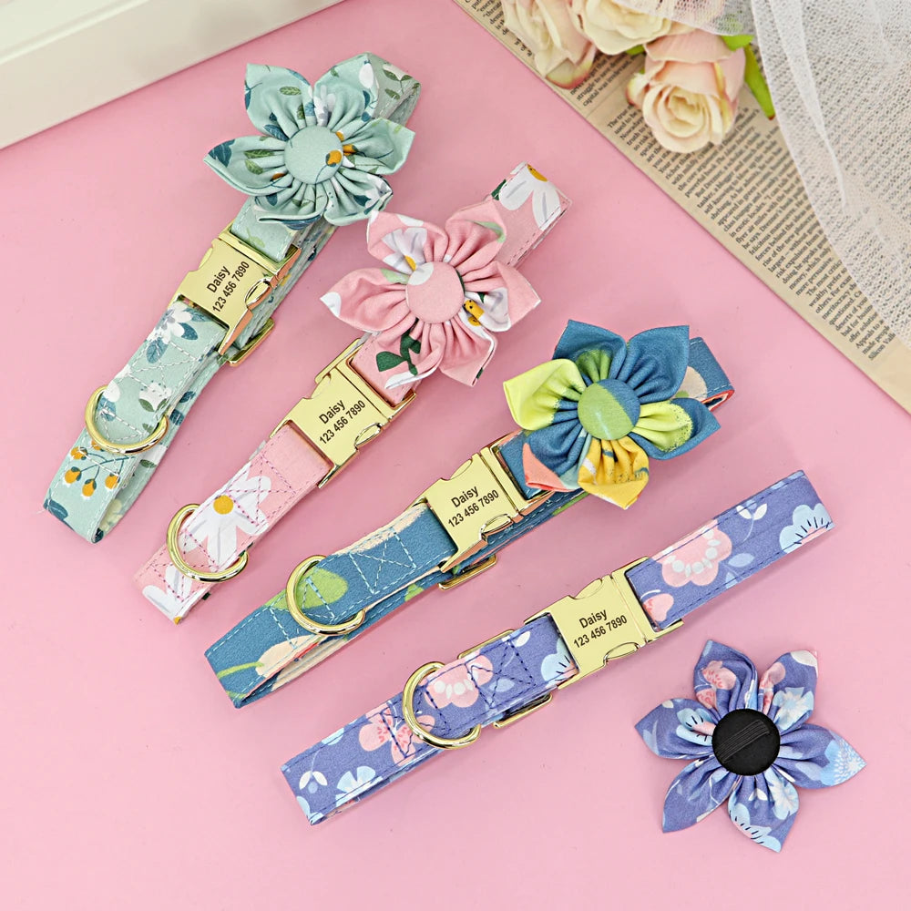 Personalized Dog Collar with Flower Print – Custom Engraved Nameplate | Adjustable Nylon Pet ID Collar for Small, Medium & Large Dogs