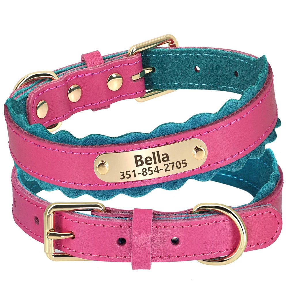 Custom Leather Dog Collar – Personalized Engraved ID Tag, Soft Padded Adjustable for Small & Medium Dogs