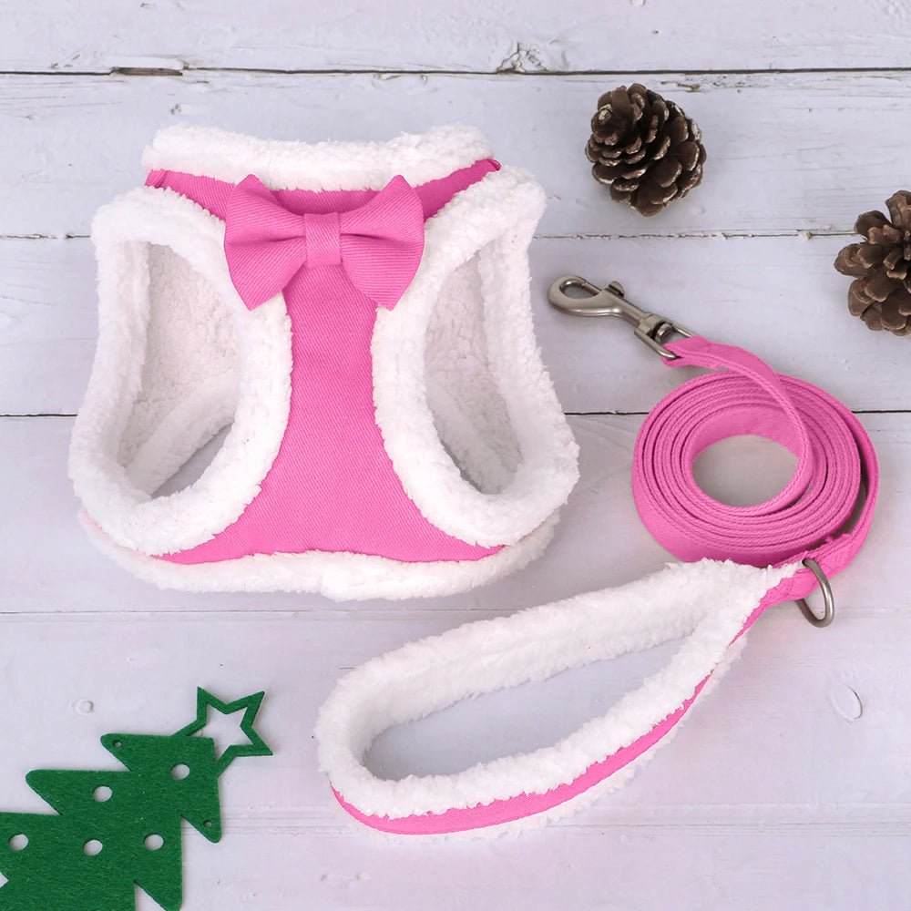 Winter Warm Dog Harness Leash Set – Soft Fleece Pet Vest with Bowtie for Small & Medium Dogs