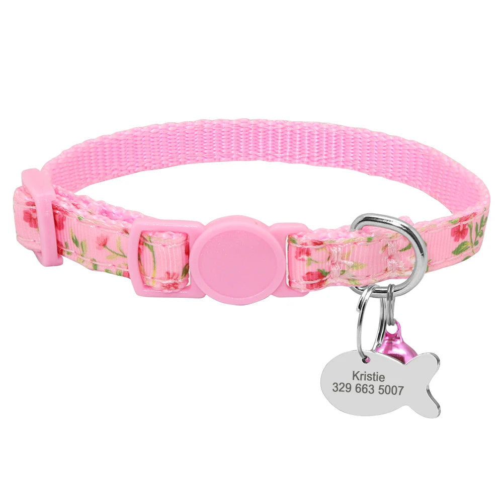 Personalized Cat Collar with Engraved Fish Tag – Adjustable Nylon Collar for Cats & Small Dogs
