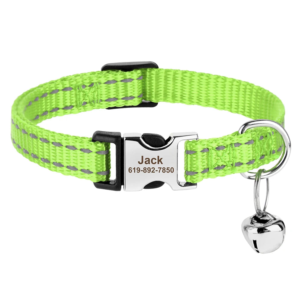 Reflective Personalized Nylon Dog & Cat Collar with Custom Engraved ID Tag & Bell – Adjustable Safety Collar for Small & Medium Pets