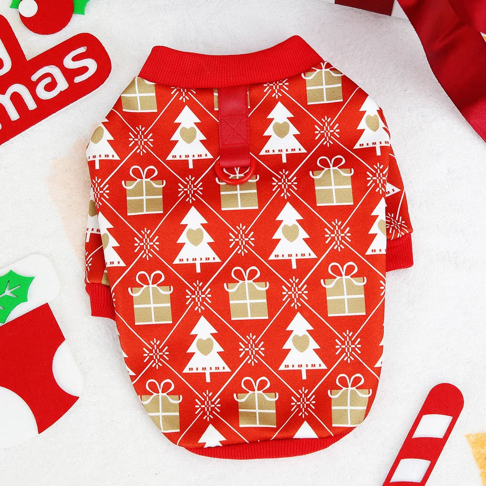 Christmas Dog T-Shirt – Holiday Outfit with Christmas Tree Pattern