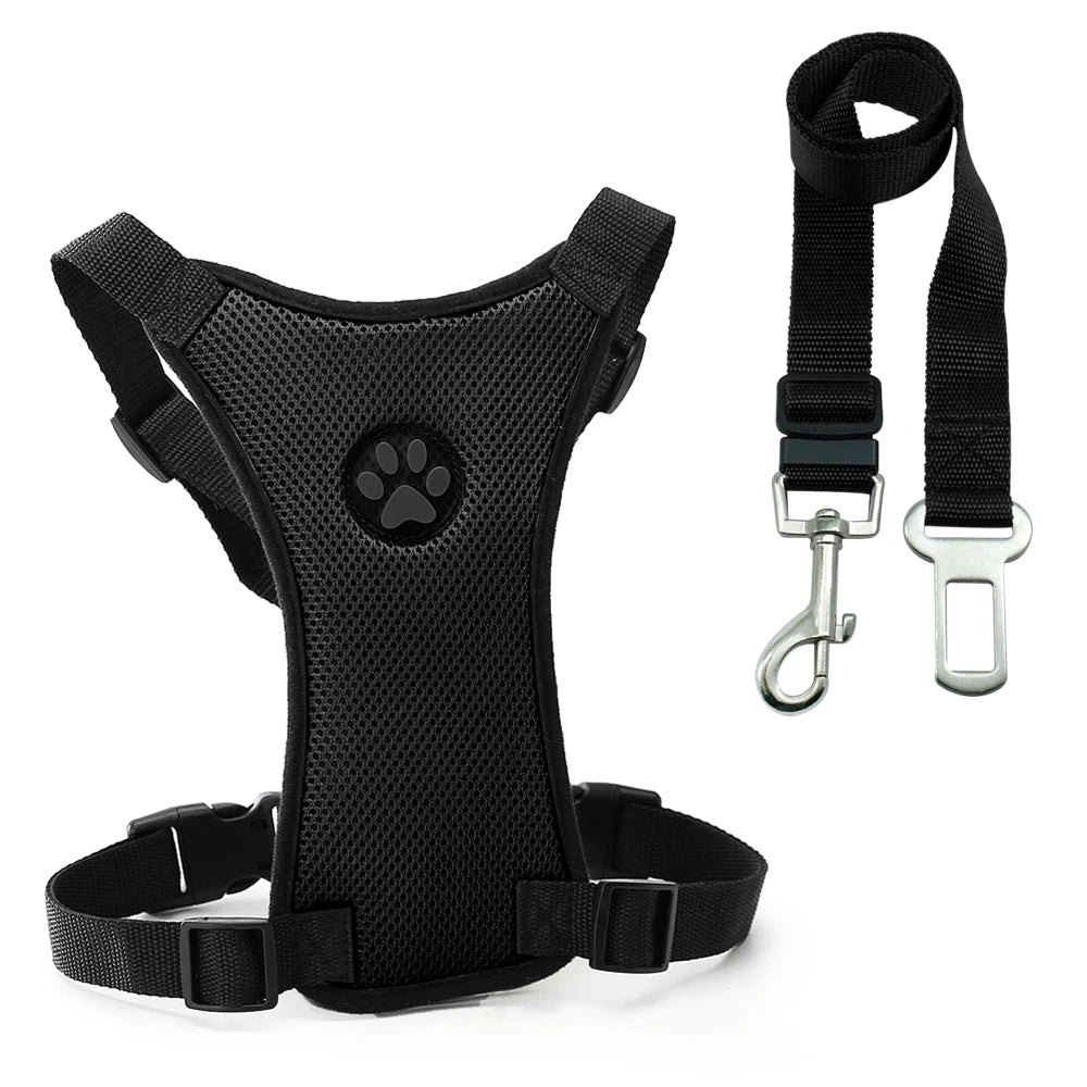 Nylon Breathable Mesh Dog Car Harness – Adjustable Safety Vest with Leash & Seatbelt for Medium & Large Dogs