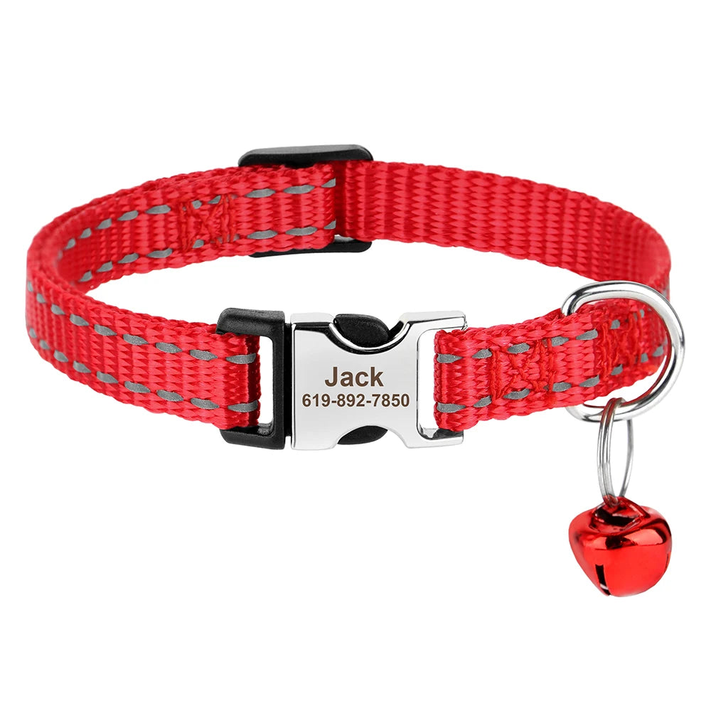 Reflective Personalized Nylon Dog & Cat Collar with Custom Engraved ID Tag & Bell – Adjustable Safety Collar for Small & Medium Pets