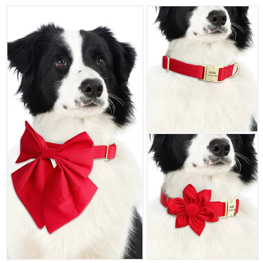Personalized Silk Dog Collar with Bowtie & Flower – Custom Engraved ID Tag | Adjustable Wedding Collar for Small, Medium & Large Dogs