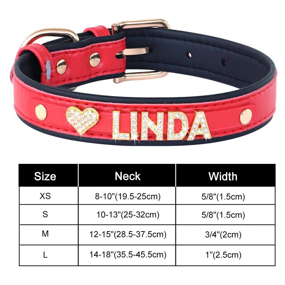 Bling Personalized Dog & Cat Collar – PU Leather Puppy Chihuahua Necklace with DIY Rhinestone Name & Free Charms