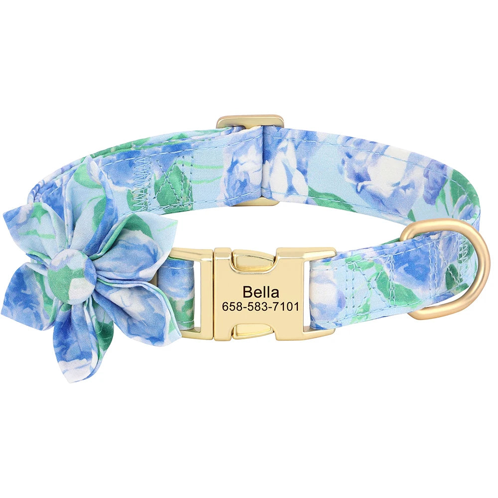 🌸 Personalized Floral Nylon Dog Collar with Free Engraving – Adjustable for Small, Medium, Large Dogs