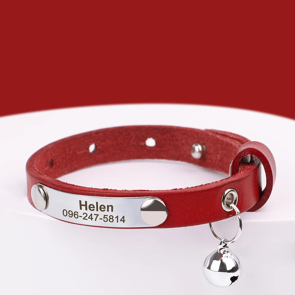 Personalized Leather Cat Collar – Adjustable Kitten & Puppy Collar with Free Engraved ID Tag