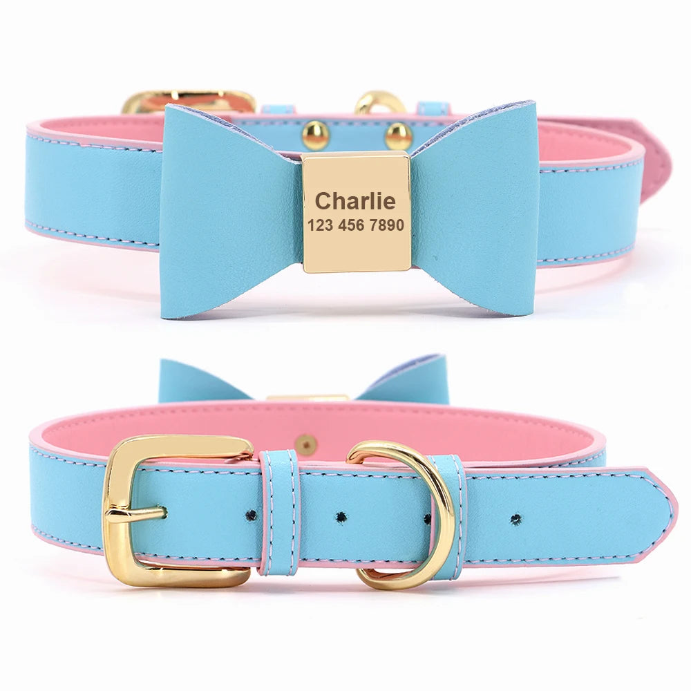 Personalized Dog Collar Customized Leather Pet ID Name Collar With Bowknot Free Engraved For Small Medium Dogs Cats Pet Supplies