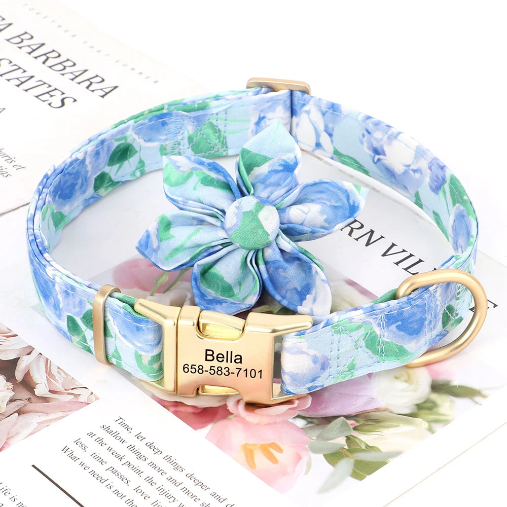 🌸 Personalized Floral Nylon Dog Collar with Free Engraving – Adjustable for Small, Medium, Large Dogs