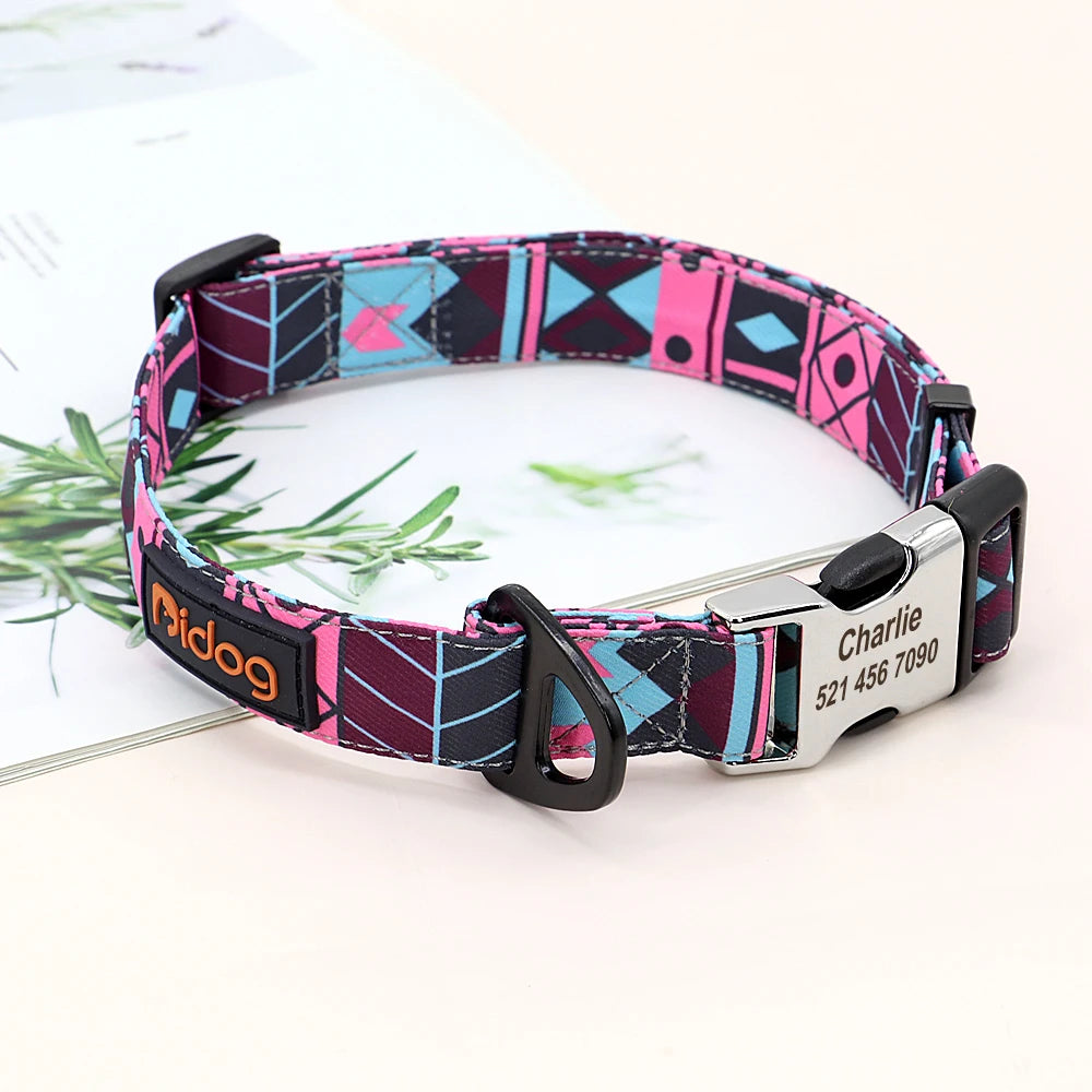 Personalized Nylon Dog Collar with Engraved Nameplate – Custom ID Tag for Small, Medium & Large Dogs