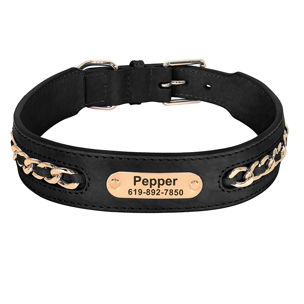 Personalized Leather Dog Collar – Custom Engraved Nameplate ID Tag for Small, Medium & Large Dogs