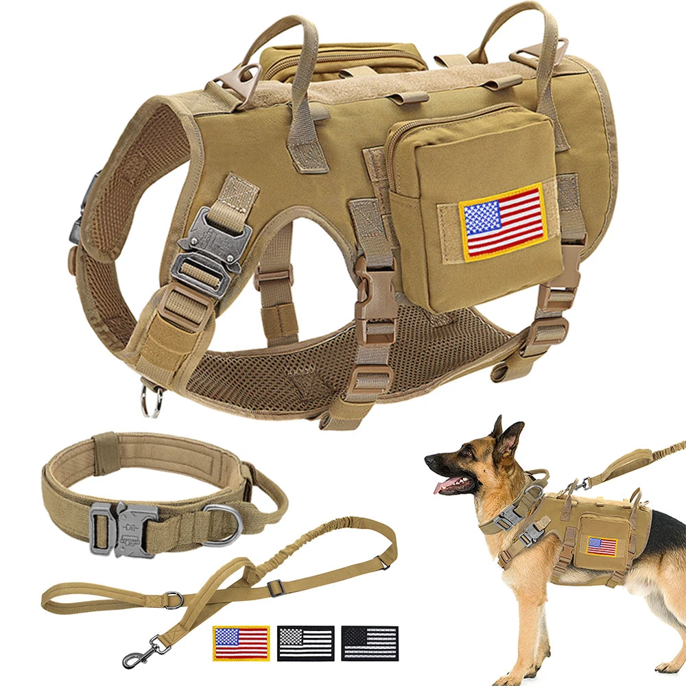 Tactical Military Dog Harness, Collar & Leash Set – Durable MOLLE Training Vest with Pouches & Flag for Large Dogs