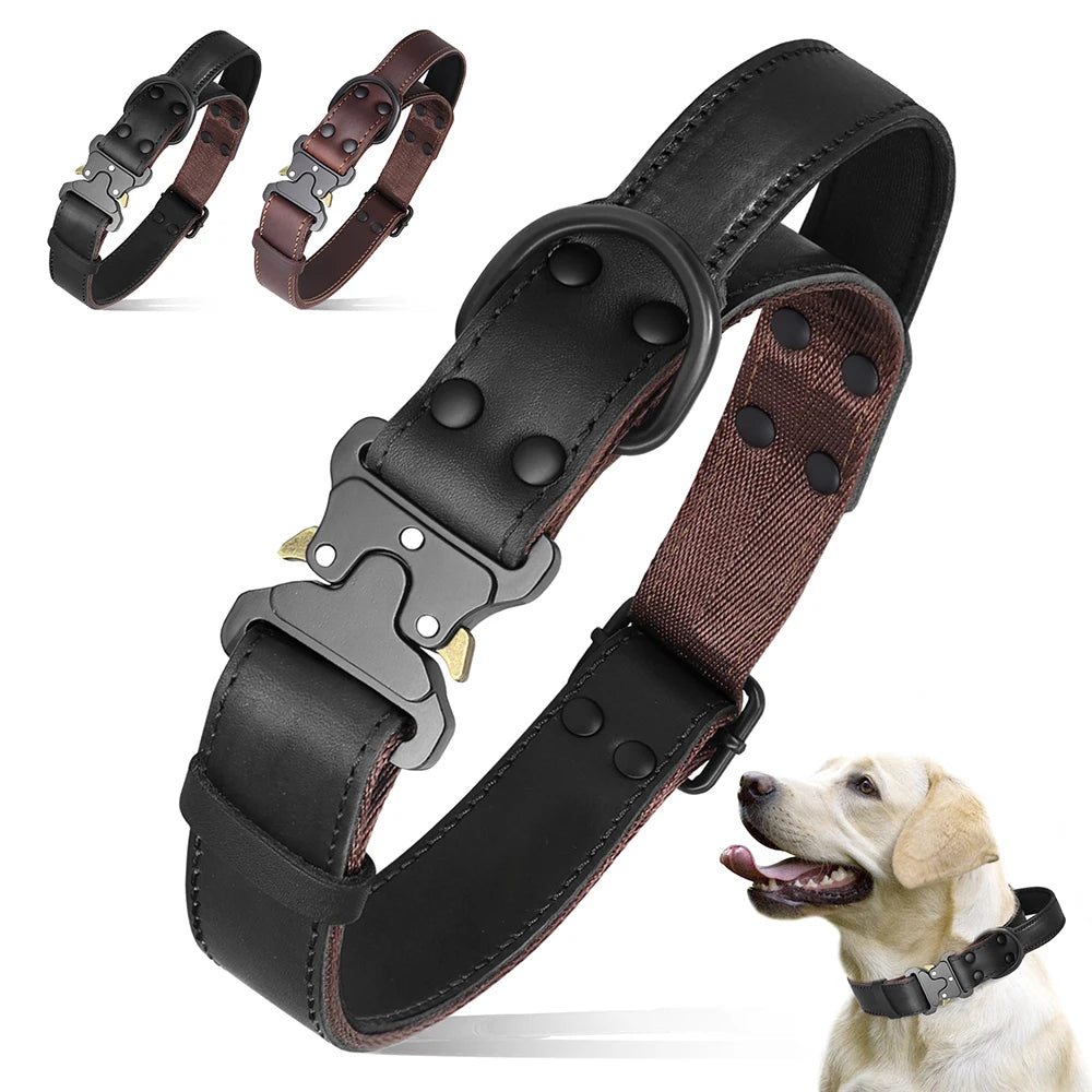 Real Leather Dog Collar with Handle – Tactical Military Training Collar for Medium & Large Dogs (German Shepherd, Hunting & Working Dogs)