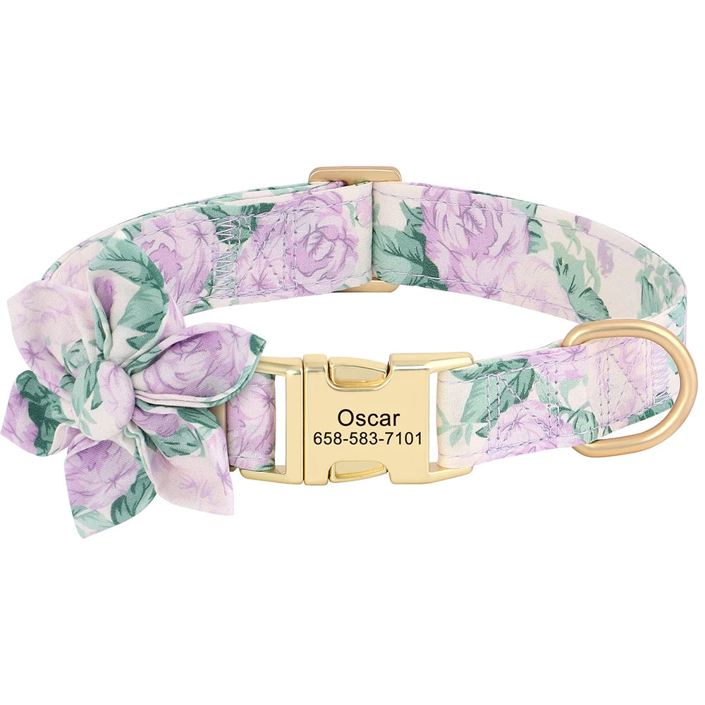 🌸 Personalized Floral Nylon Dog Collar with Free Engraving – Adjustable for Small, Medium, Large Dogs