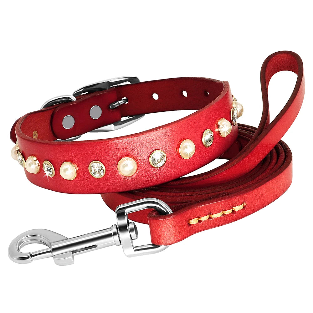 Genuine Leather Bling Collar & Leash Set – For Small & Medium Pets