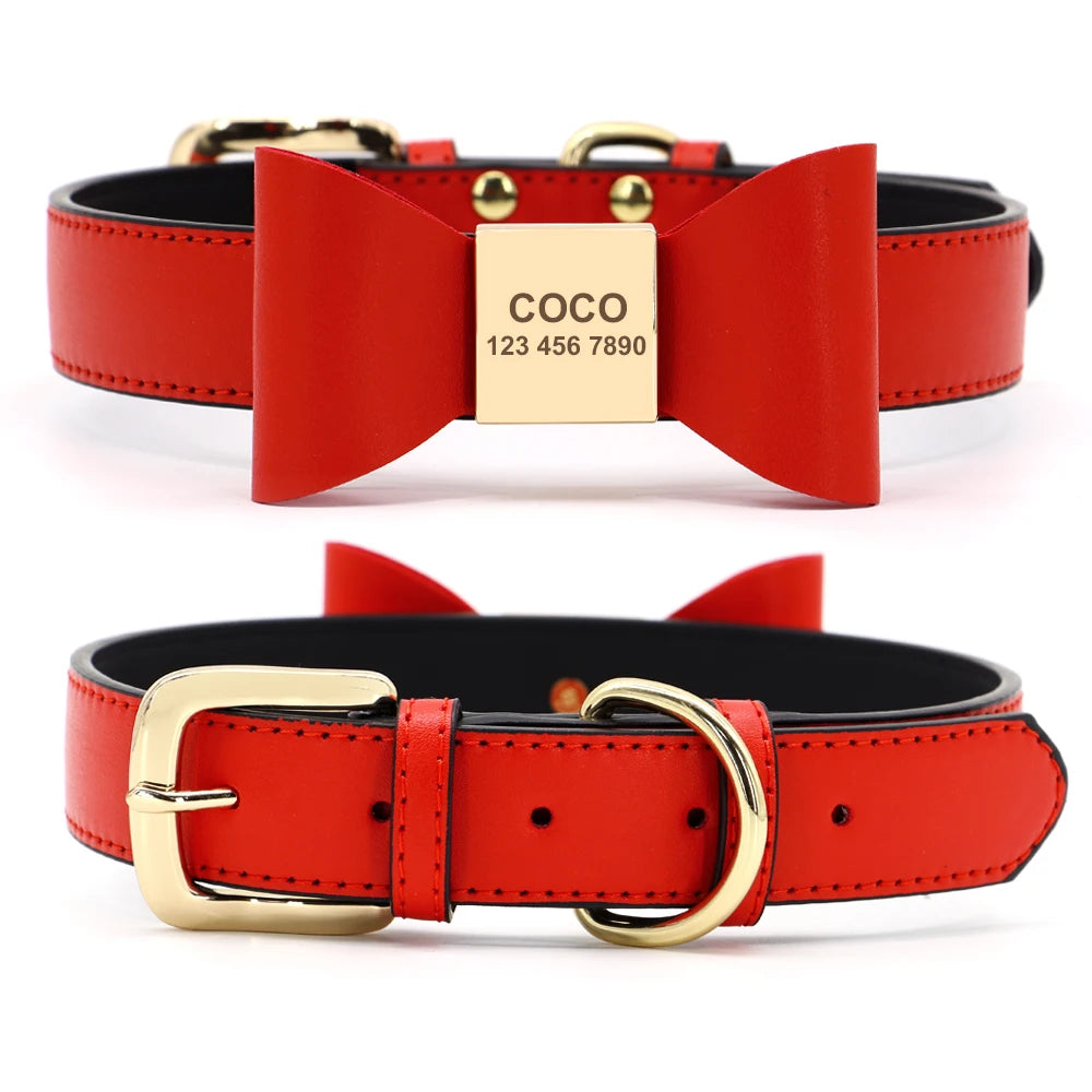 Personalized Dog Collar Customized Leather Pet ID Name Collar With Bowknot Free Engraved For Small Medium Dogs Cats Pet Supplies