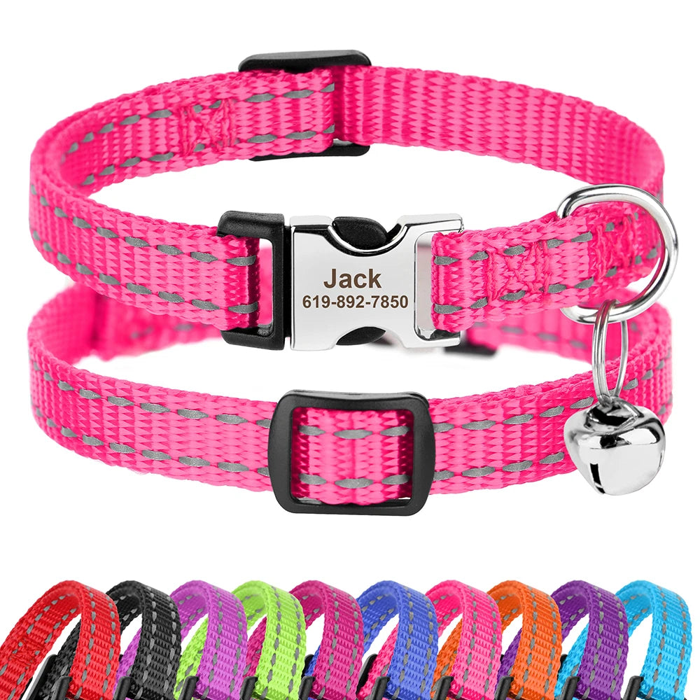 Reflective Personalized Nylon Dog & Cat Collar with Custom Engraved ID Tag & Bell – Adjustable Safety Collar for Small & Medium Pets