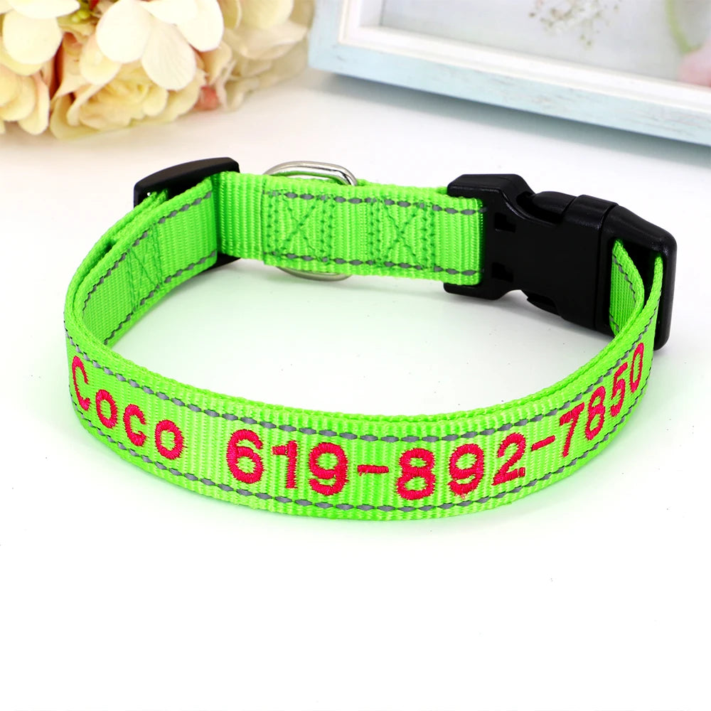 Reflective Personalized Nylon Dog Collar – Custom Embroidered ID Name & Phone – Reflective Adjustable Collar for Small, Medium & Large Dogs