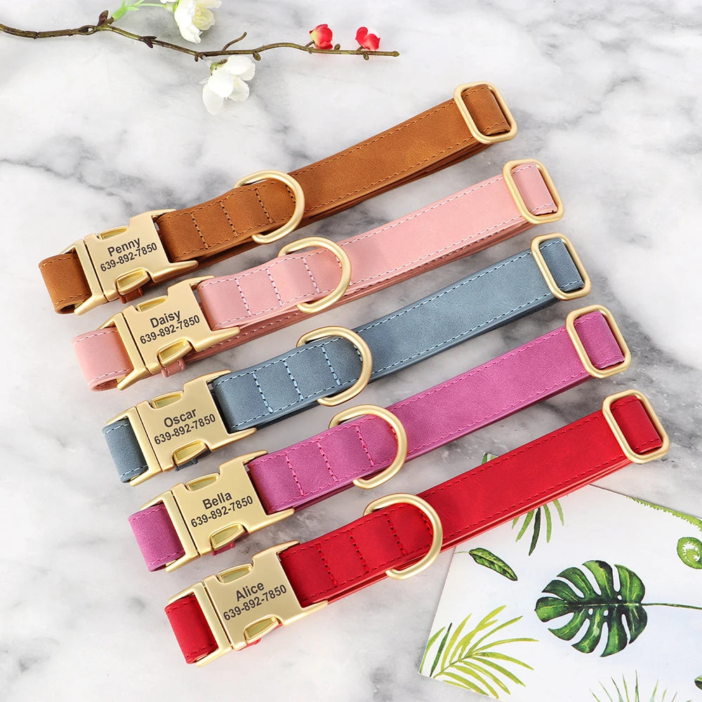 Custom Engraved PU Leather Dog Collar – Anti-Lost ID Tag Included
