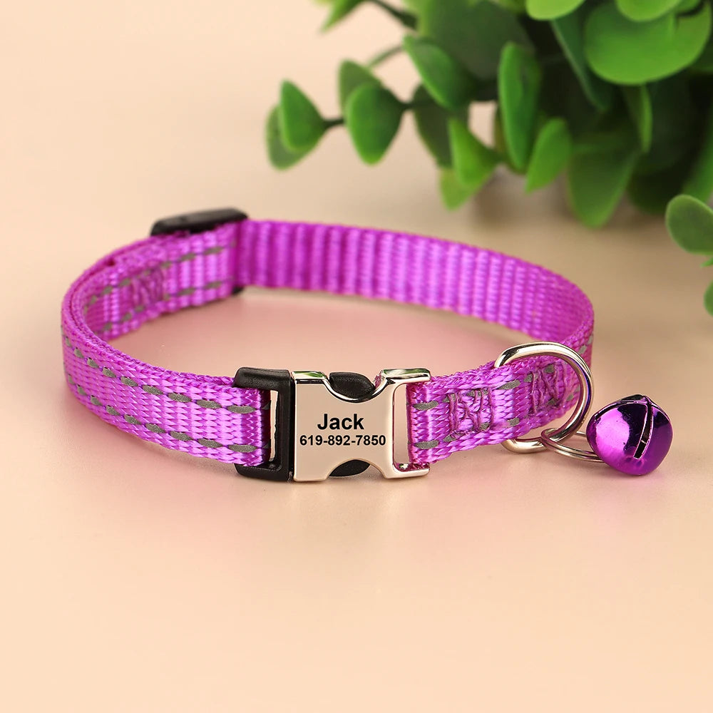 Reflective Personalized Nylon Dog & Cat Collar with Custom Engraved ID Tag & Bell – Adjustable Safety Collar for Small & Medium Pets