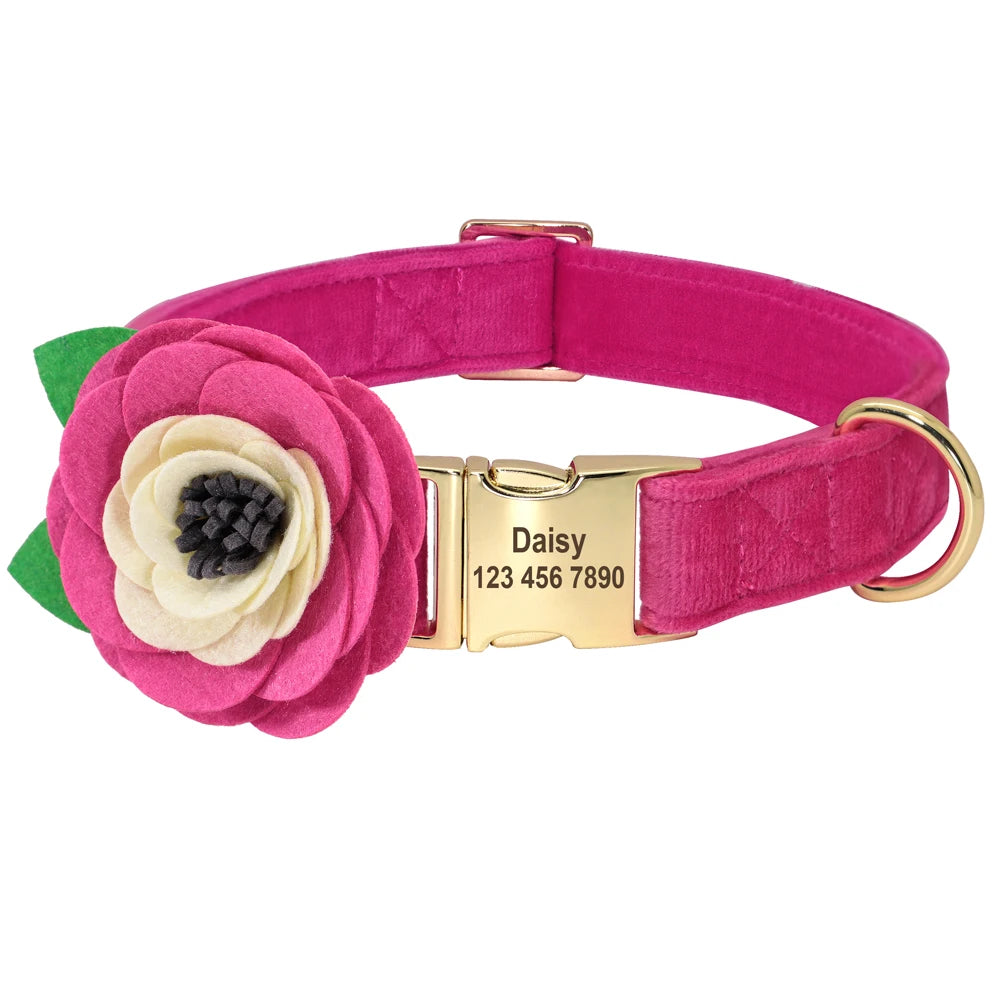 Personalized Floral Dog Collar – Custom Engraved Buckle with Cute Flower Accessory for Dogs & Cats