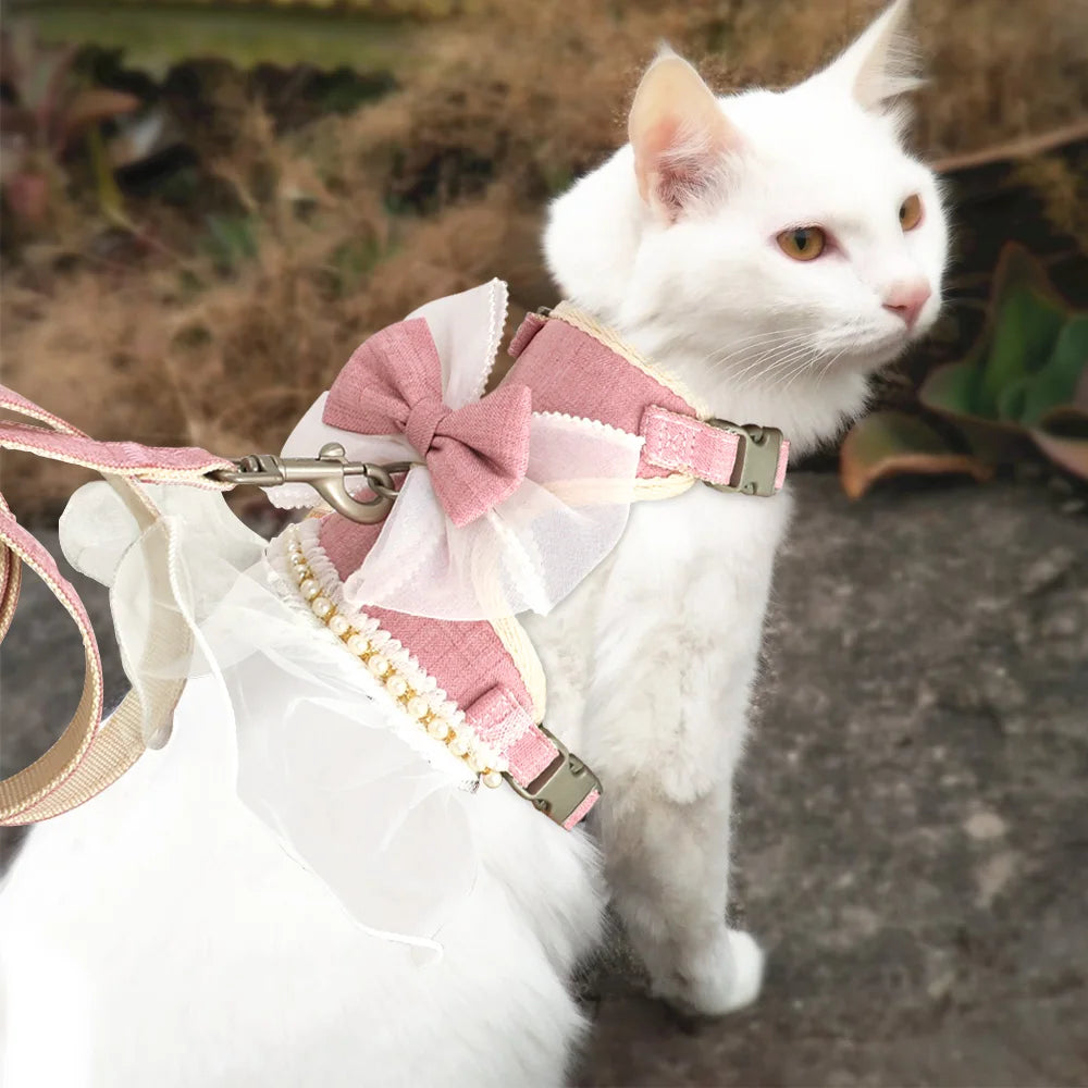 Princess Dog Cat Harness And Leash Set Lace Bowknot Pet Harness Chest Strap Dress For Fashion Chihuahua Cats Accessories