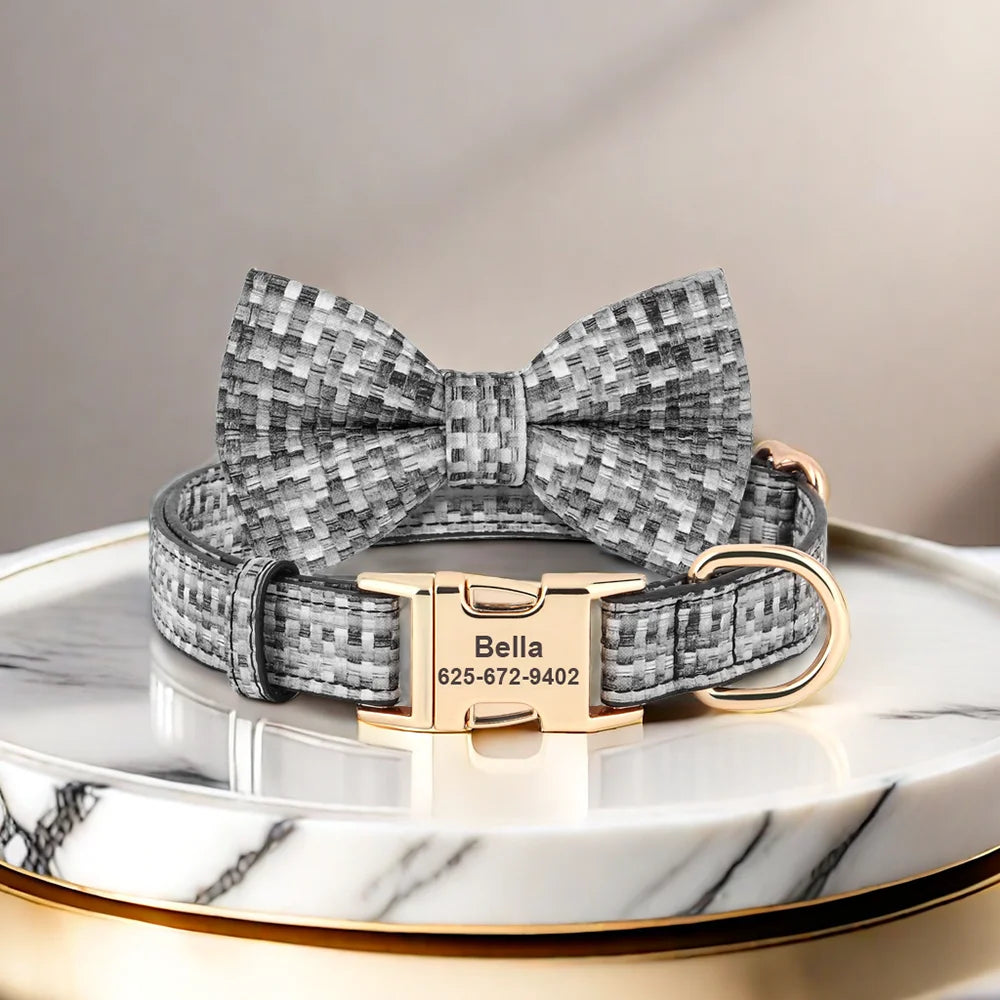 Custom Plaid Leather Dog Collar with Bow – Personalized Nameplate | Free Engraving | Small to Large Dogs
