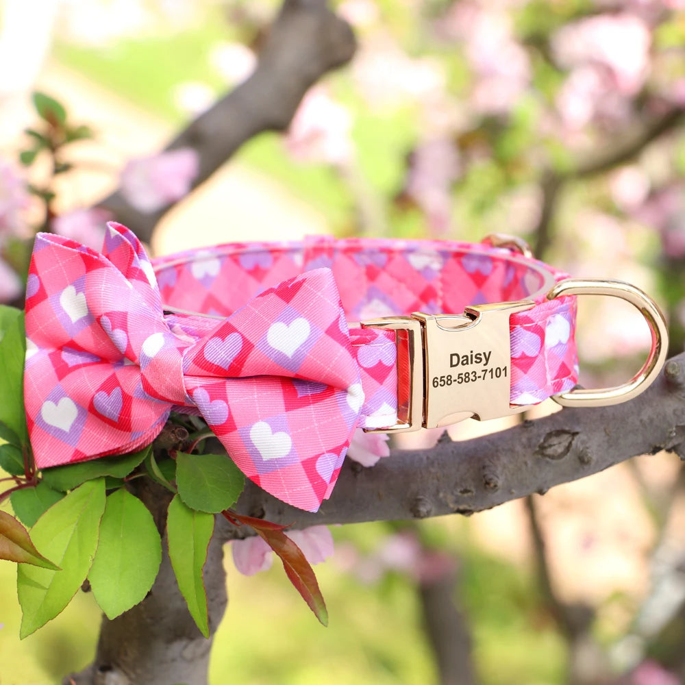 Custom Bowtie Dog Collar – Personalized Floral ID Tag with Engraved Name & Phone Number