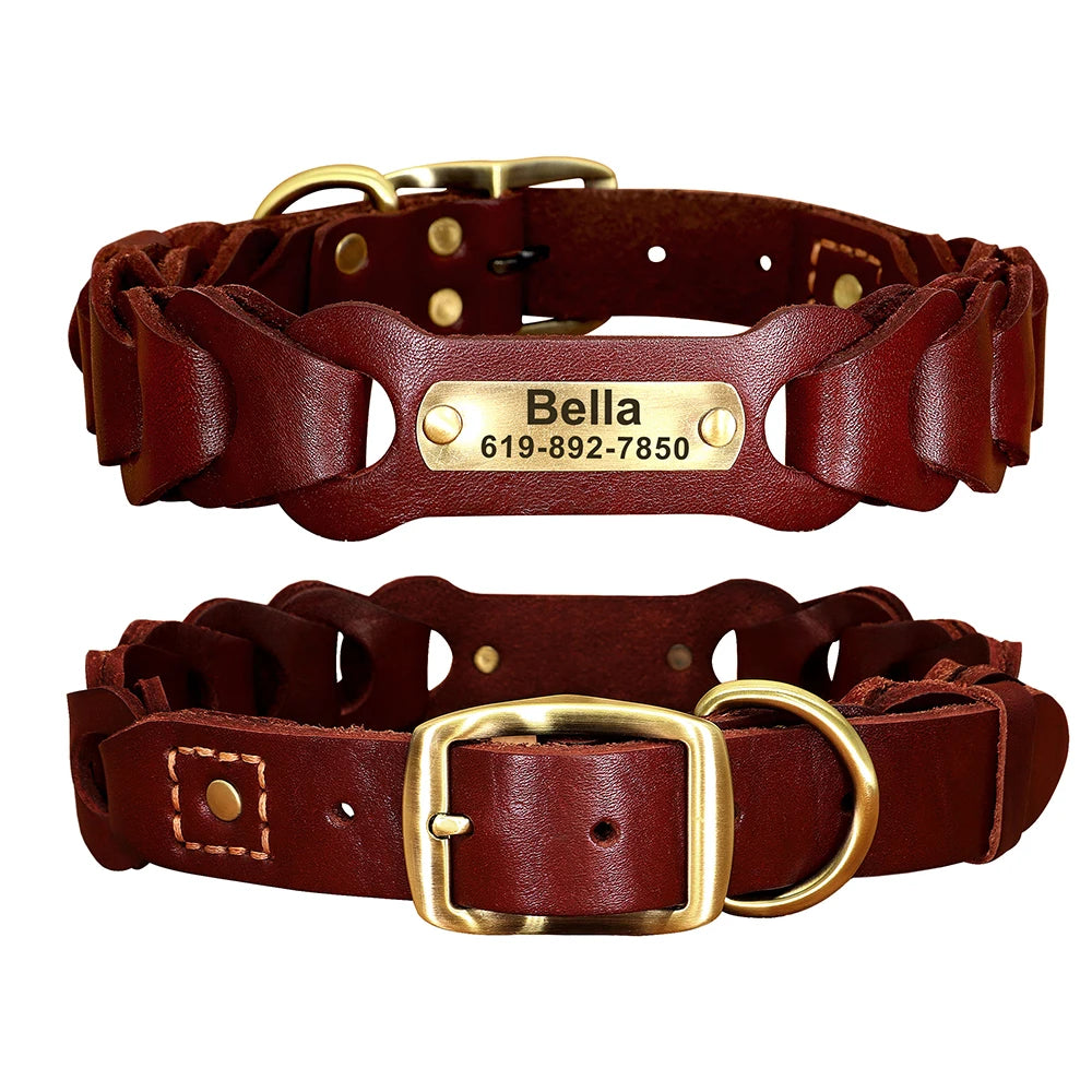 Custom Engraved Leather Dog Collar – Personalized Nameplate for Medium & Large Dogs